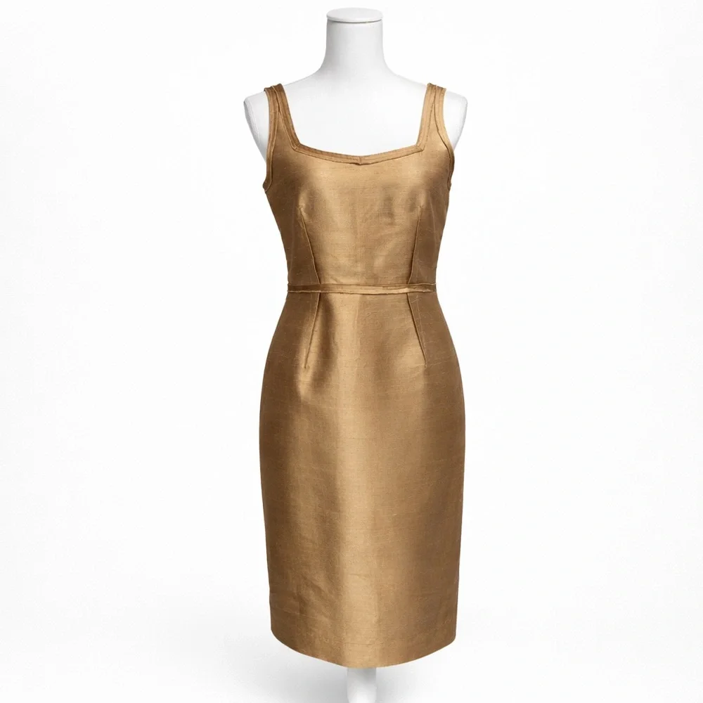 Talbots Silk Wool Sheath Dress Gold Champagne Cocktail Party Sleeveless Size 4 - Picture 2 of 9